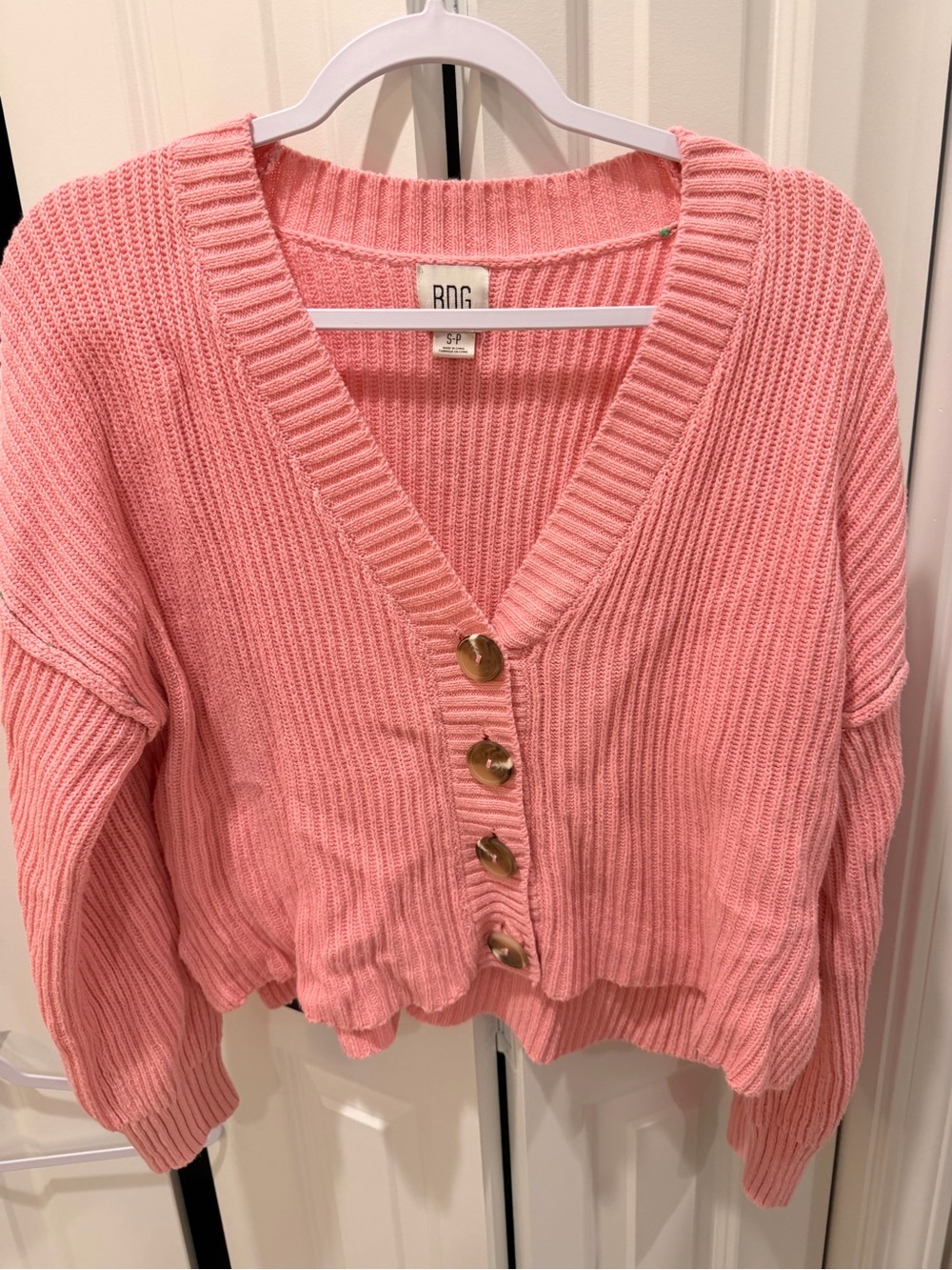 Urban Outfitters Coral Pink Ribbed V-Neck Cardigan with Gold Buttons